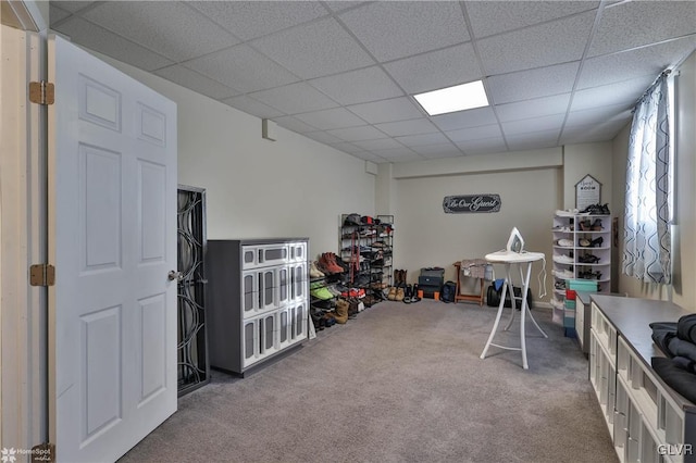 miscellaneous room with carpet flooring and a drop ceiling