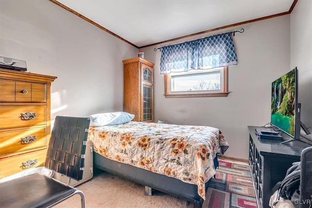 carpeted bedroom with ornamental molding