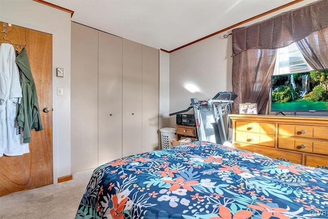 bedroom with light colored carpet and ornamental molding