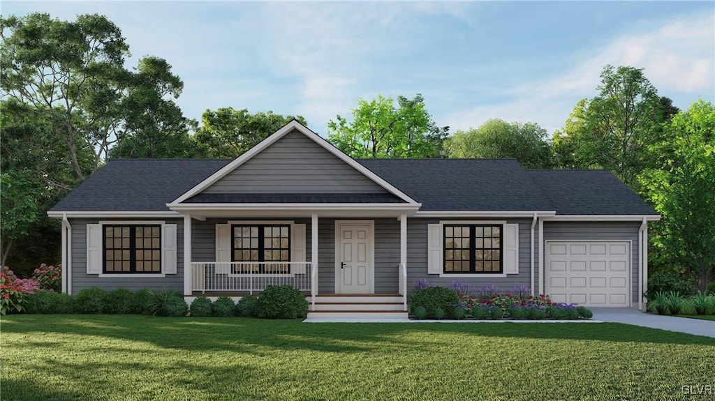 single story home featuring a garage, a front lawn, and covered porch