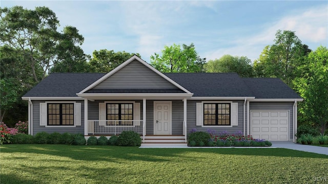 single story home featuring a garage, a front lawn, and covered porch