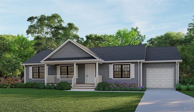 ranch-style home featuring a garage, a porch, and a front lawn