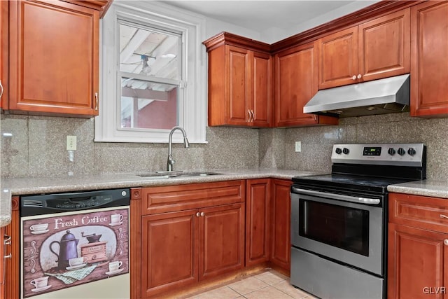 kitchen with tasteful backsplash, black dishwasher, sink, stainless steel range with electric stovetop, and light tile patterned floors