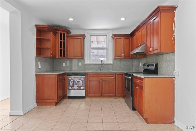 kitchen featuring dishwasher, sink, decorative backsplash, electric range, and light stone counters