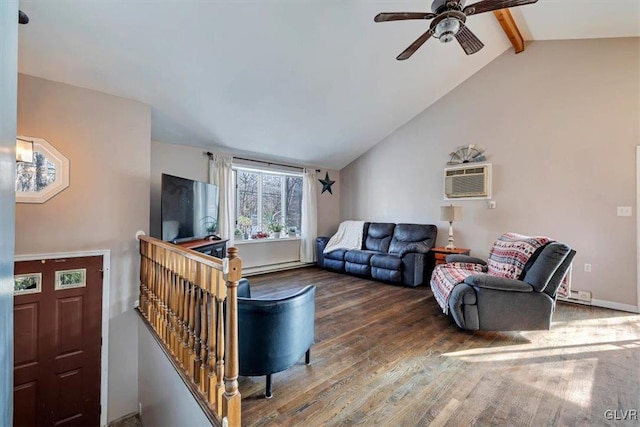 living room with hardwood / wood-style flooring, ceiling fan, vaulted ceiling with beams, a baseboard heating unit, and a wall unit AC