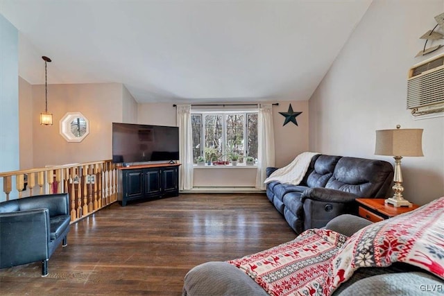 living room featuring lofted ceiling, a baseboard heating unit, and dark hardwood / wood-style flooring