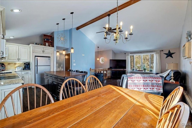 dining area with a wall unit AC, lofted ceiling with beams, hardwood / wood-style floors, and a notable chandelier