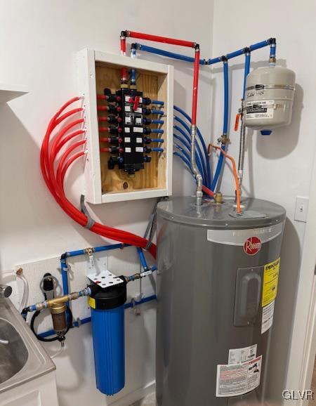 utility room with electric panel and electric water heater