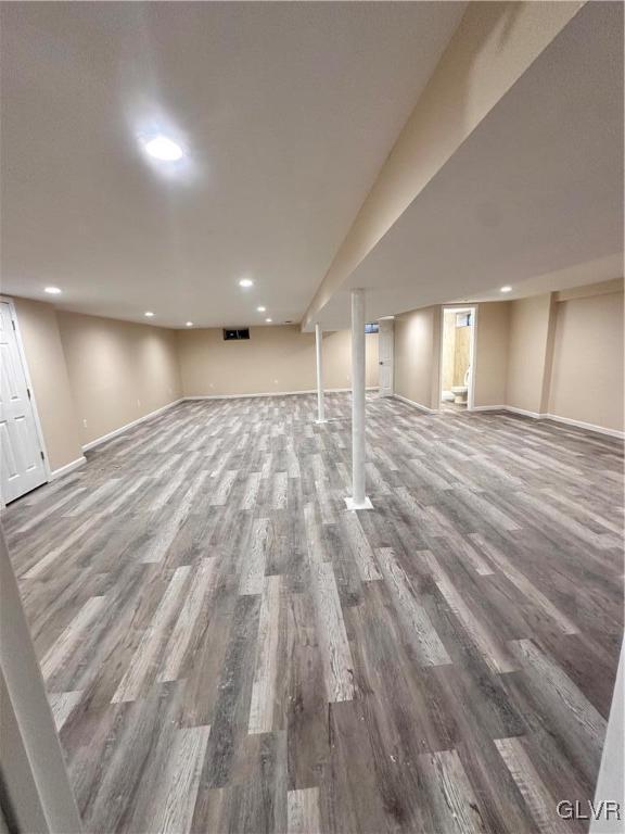 basement featuring hardwood / wood-style flooring