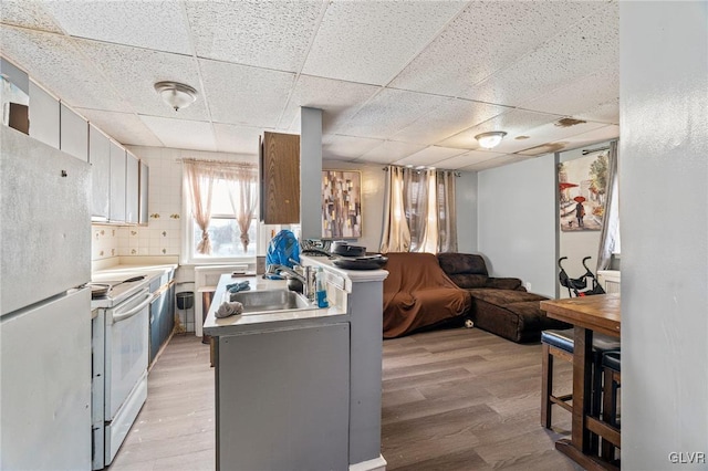 kitchen featuring white appliances, sink, light hardwood / wood-style flooring, and backsplash