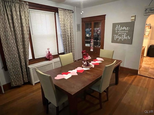 dining area with plenty of natural light, radiator, and dark hardwood / wood-style floors