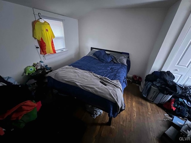 bedroom featuring lofted ceiling and dark hardwood / wood-style floors