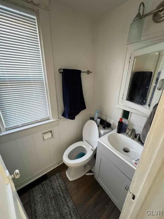 bathroom with hardwood / wood-style flooring, vanity, a healthy amount of sunlight, and toilet