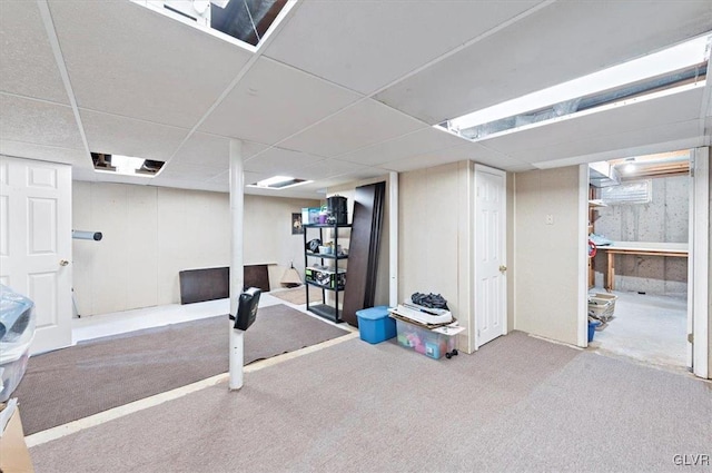 basement featuring a paneled ceiling and carpet floors