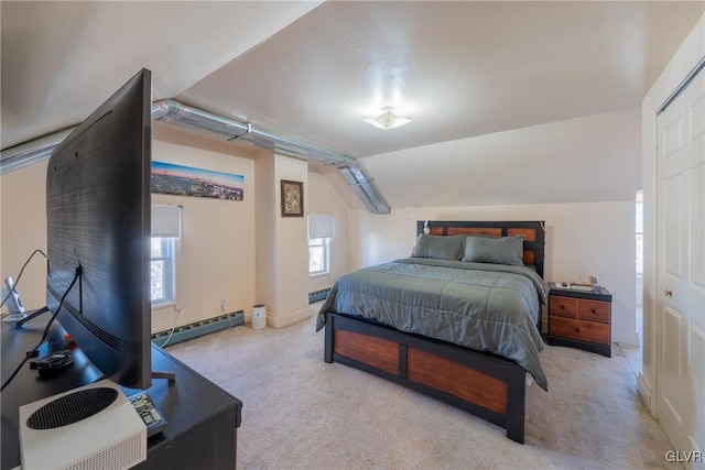 bedroom with vaulted ceiling, light colored carpet, and baseboard heating