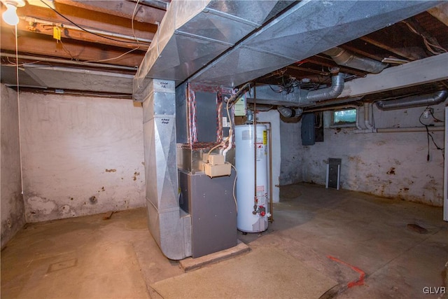 basement with water heater and heating unit