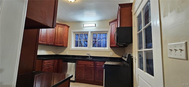 kitchen with washer / clothes dryer, electric range oven, stainless steel dishwasher, and sink