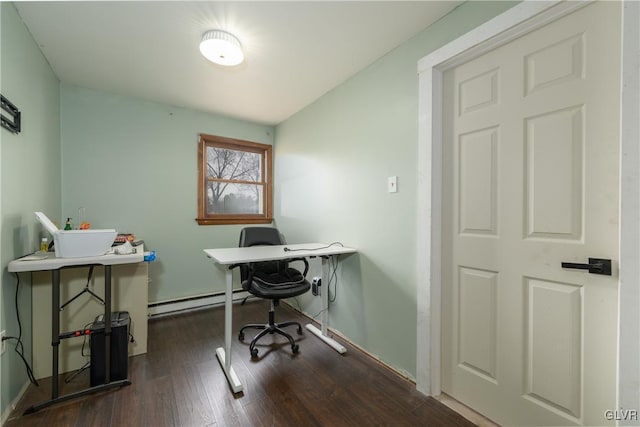 office space featuring dark hardwood / wood-style floors and baseboard heating