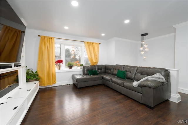 living room with ornamental molding and dark hardwood / wood-style flooring