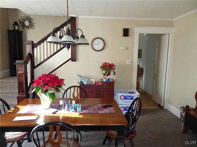 dining area featuring ornamental molding and carpet floors