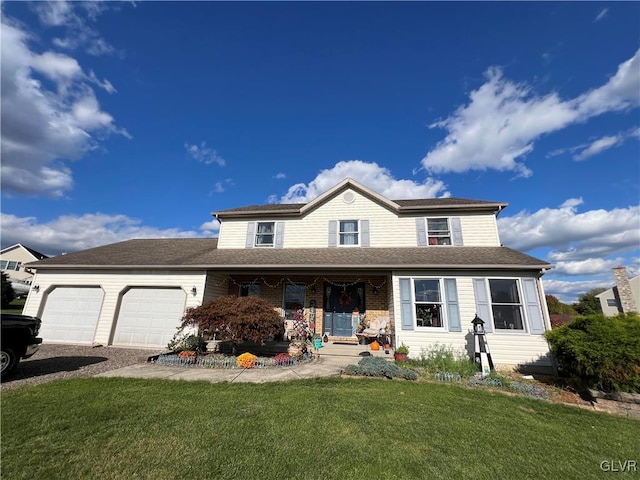 front of property with a porch, a garage, and a front lawn