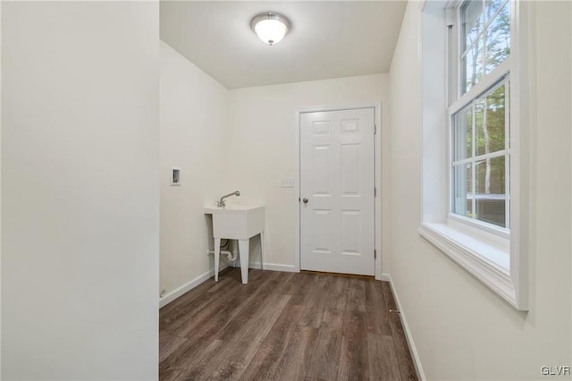 laundry room with dark wood-type flooring, sink, and hookup for a washing machine