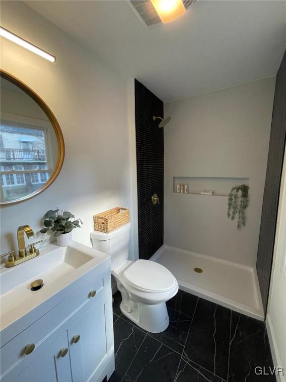 bathroom with vanity, toilet, and walk in shower