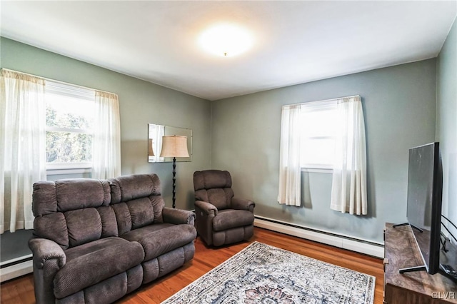 living room featuring hardwood / wood-style floors and baseboard heating