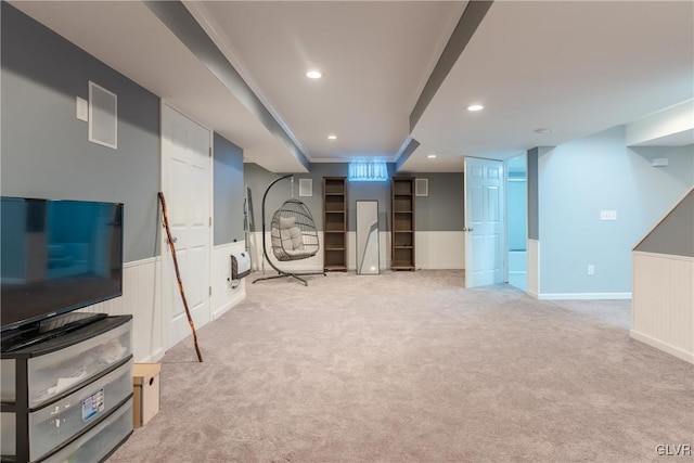 basement with light colored carpet