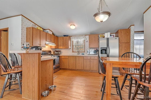 kitchen featuring sink, vaulted ceiling, light hardwood / wood-style flooring, kitchen peninsula, and stainless steel appliances