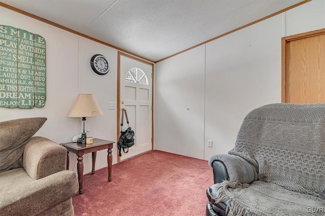 sitting room with ornamental molding, carpet, and a textured ceiling