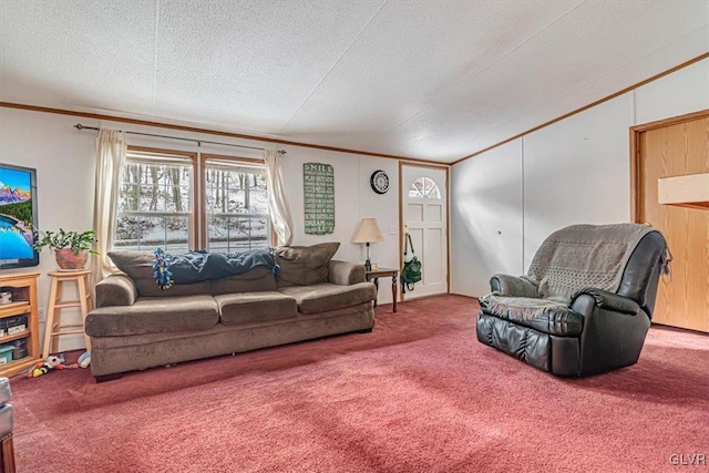 living room with crown molding, carpet floors, and a textured ceiling