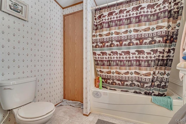 bathroom featuring shower / bathtub combination with curtain, ornamental molding, toilet, and tile patterned flooring