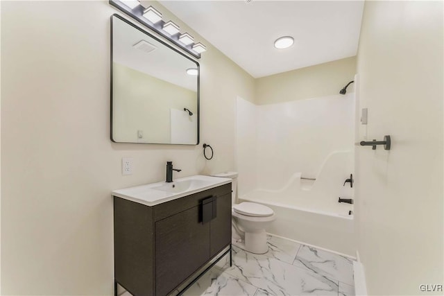 full bathroom featuring vanity, toilet, and washtub / shower combination