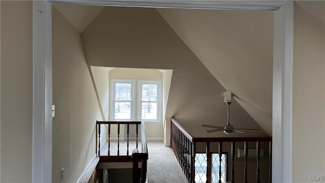 stairs featuring ceiling fan, lofted ceiling, and carpet flooring