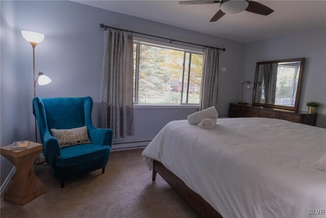 bedroom featuring carpet floors, a baseboard radiator, and ceiling fan