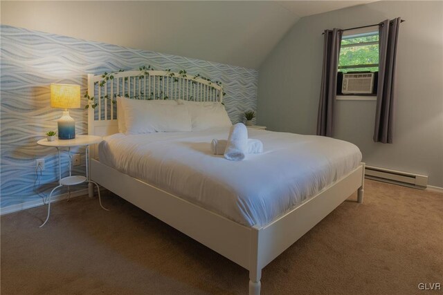 carpeted bedroom with a baseboard radiator, vaulted ceiling, and cooling unit