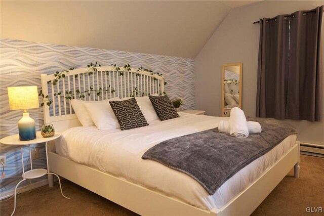 bedroom featuring a baseboard radiator, vaulted ceiling, and dark colored carpet