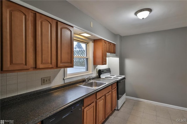 kitchen with light tile patterned flooring, tasteful backsplash, dishwasher, sink, and electric stove