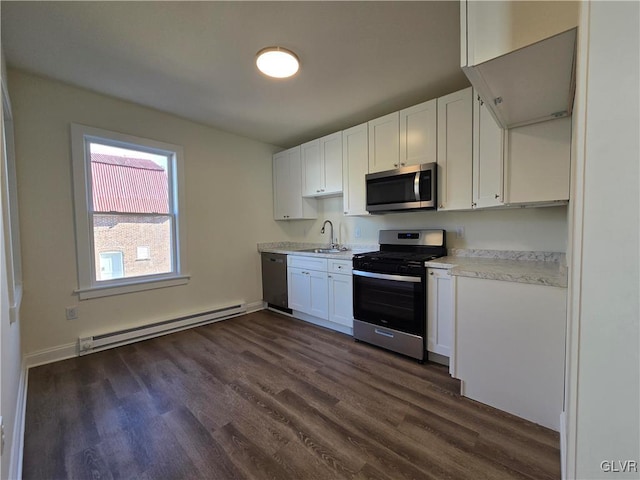 kitchen featuring white cabinetry, appliances with stainless steel finishes, and baseboard heating