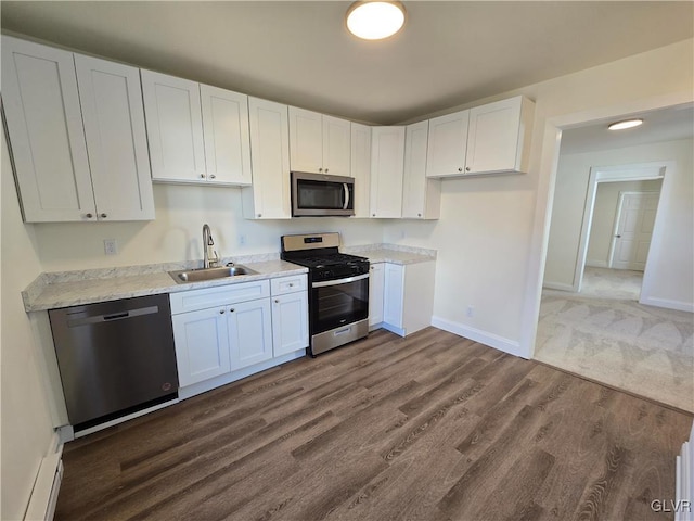 kitchen with white cabinetry, sink, dark hardwood / wood-style floors, and appliances with stainless steel finishes