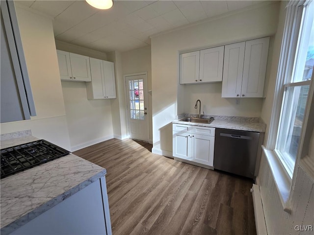 kitchen featuring stainless steel dishwasher, dark hardwood / wood-style flooring, sink, and white cabinets