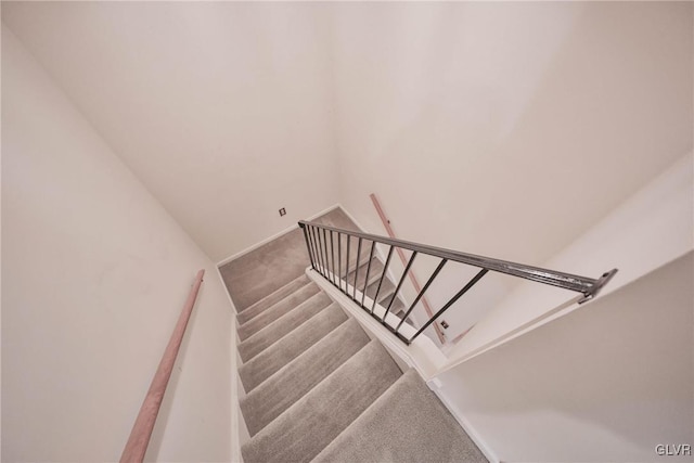 stairs featuring carpet flooring