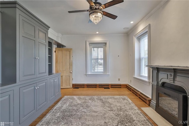 mudroom featuring ceiling fan, plenty of natural light, light wood-type flooring, and crown molding