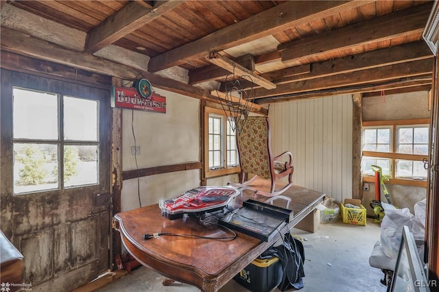 interior space with beamed ceiling, concrete floors, and wooden ceiling