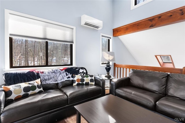 living room featuring vaulted ceiling with beams and a wall mounted air conditioner