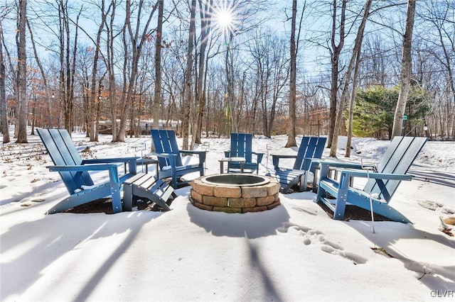 yard covered in snow with a fire pit