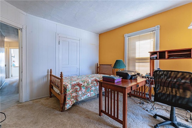 bedroom featuring carpet flooring, a textured ceiling, and baseboard heating