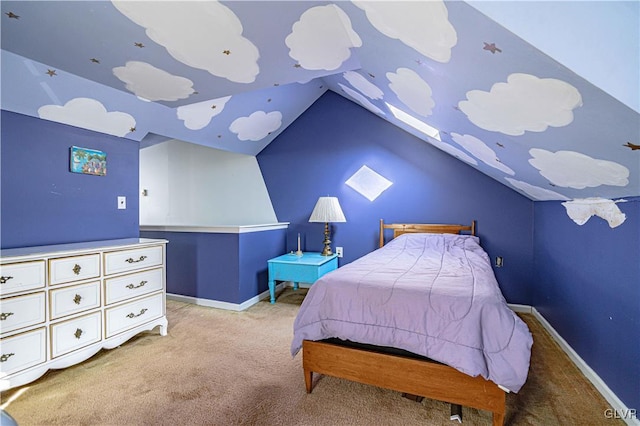 carpeted bedroom featuring lofted ceiling