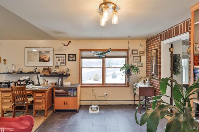 home office featuring baseboard heating and dark tile patterned floors